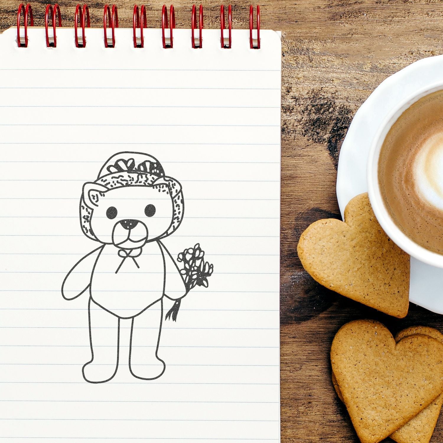 Cute teddy bear drawing in a spiral notebook beside coffee and heart-shaped cookies on a wooden table.