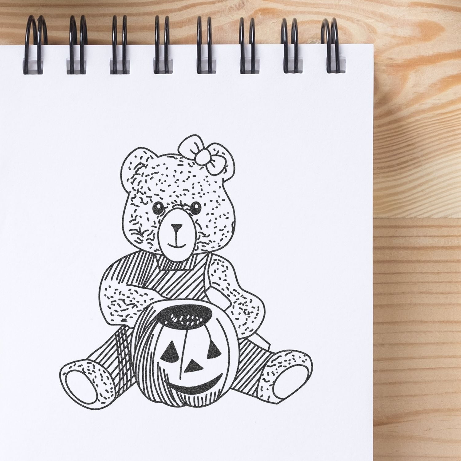 Spiral notebook with teddy bear and Halloween pumpkin coloring page on wooden desk.