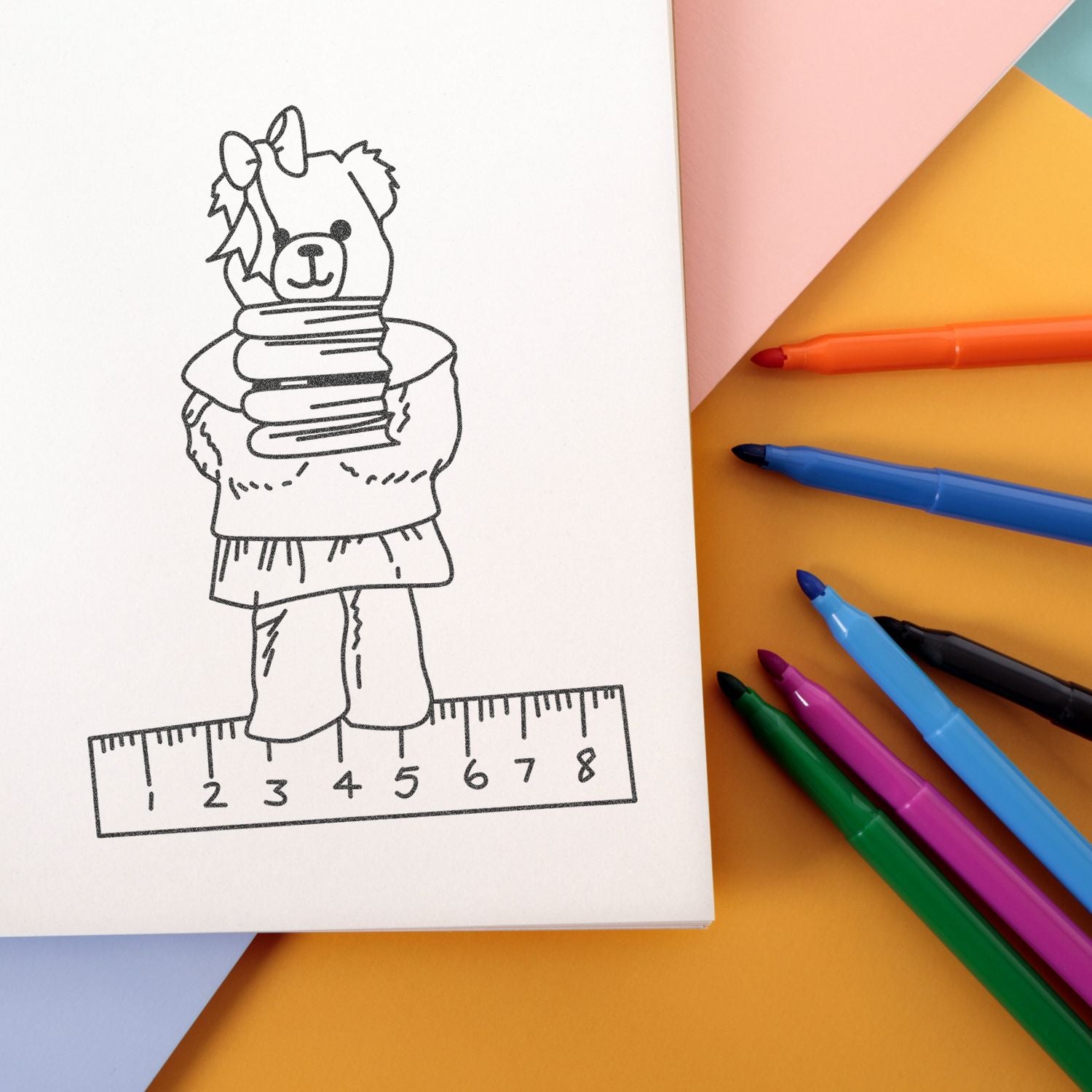 Cute llama coloring page with ruler and colorful markers for kids art activity