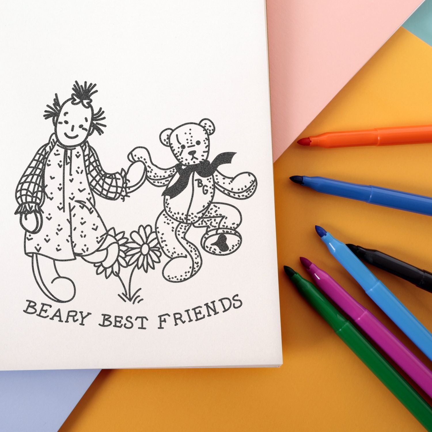 Beary Best Friends coloring page with teddy bear and child illustration, surrounded by colorful markers on a pastel background.