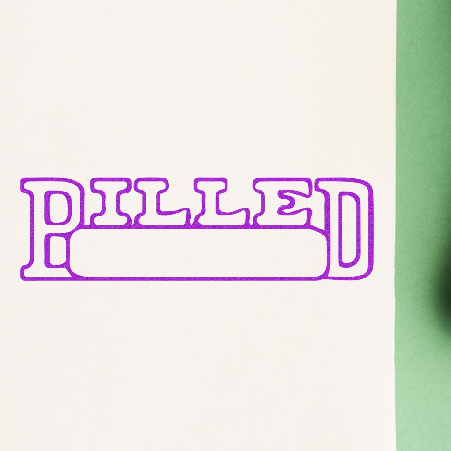 Purple PILLED typography design on a white background with a green edge, minimalist graphic text art.