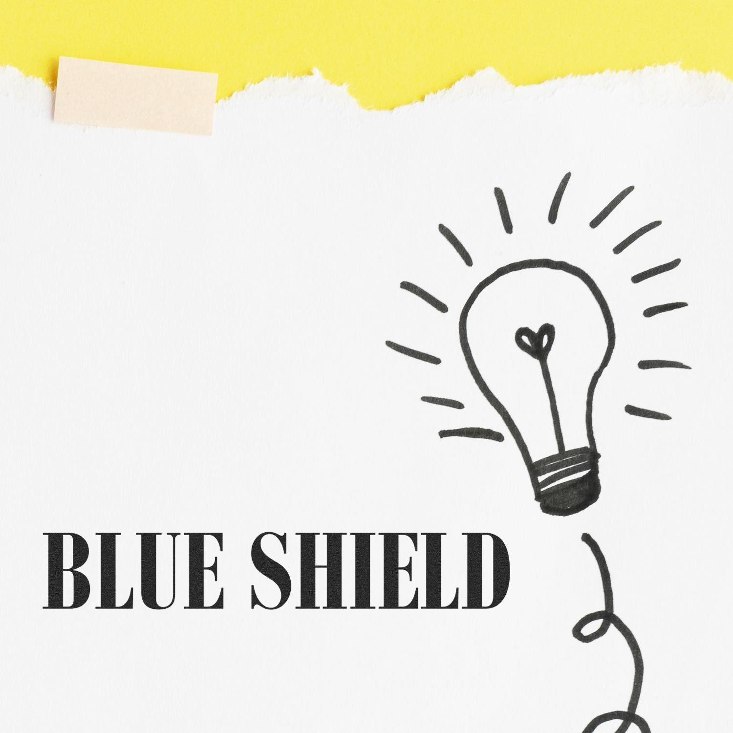 Blue Shield branding with hand-drawn lightbulb icon on white and yellow background, symbolizing innovative healthcare protection.