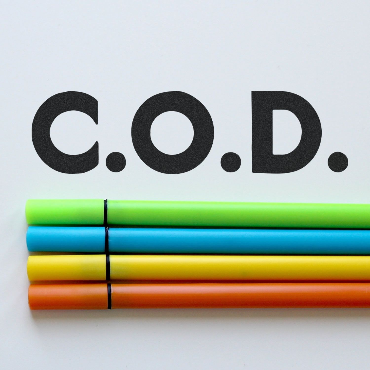 C.O.D. text with colorful markers on a white background