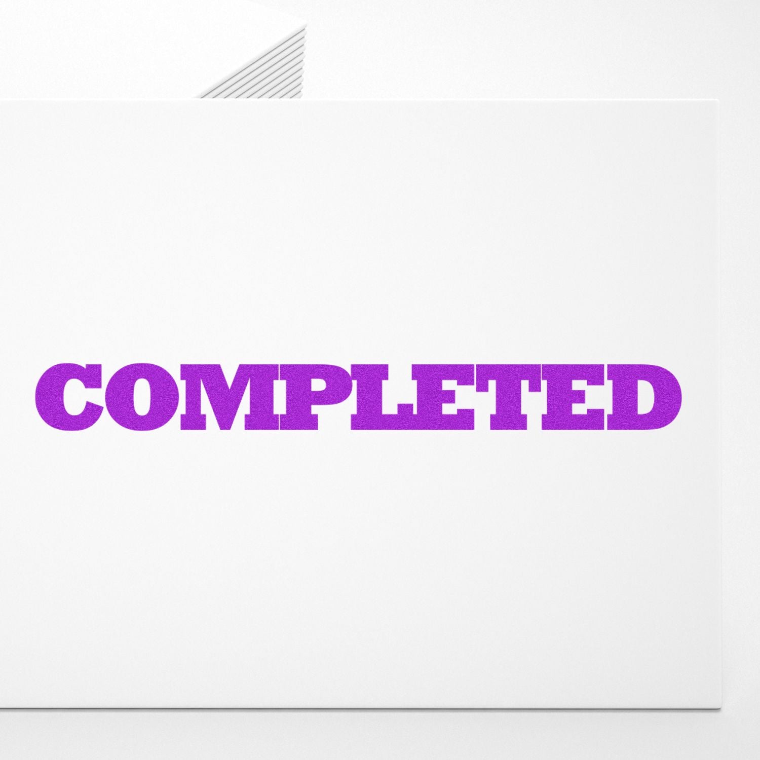 White document with bold purple COMPLETED stamp, symbolizing task finished or project approved.