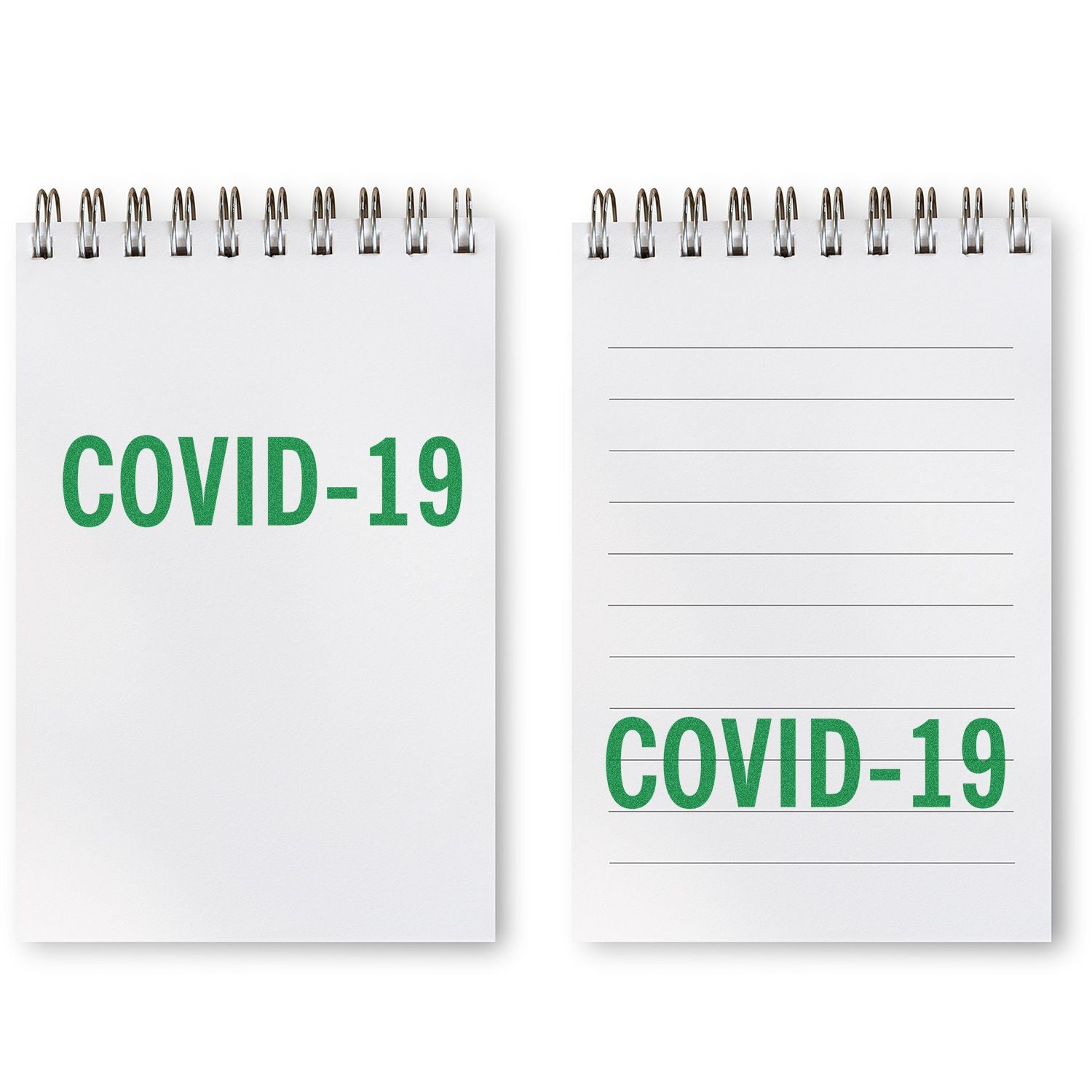 Spiral notebooks labeled COVID-19 with blank writing pages for public health note-taking and education.