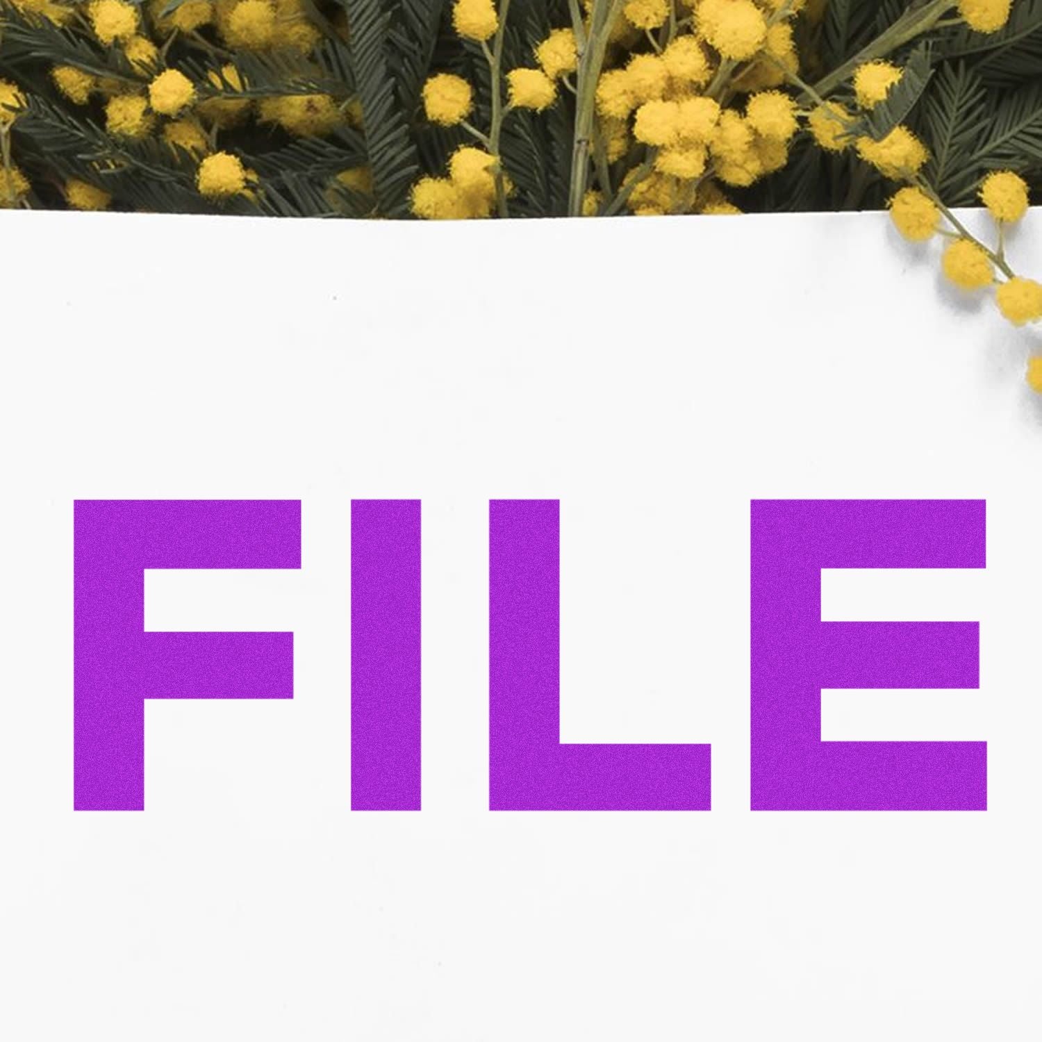 Purple FILE text on a white document with yellow flowers and greenery at the top, modern file icon design.