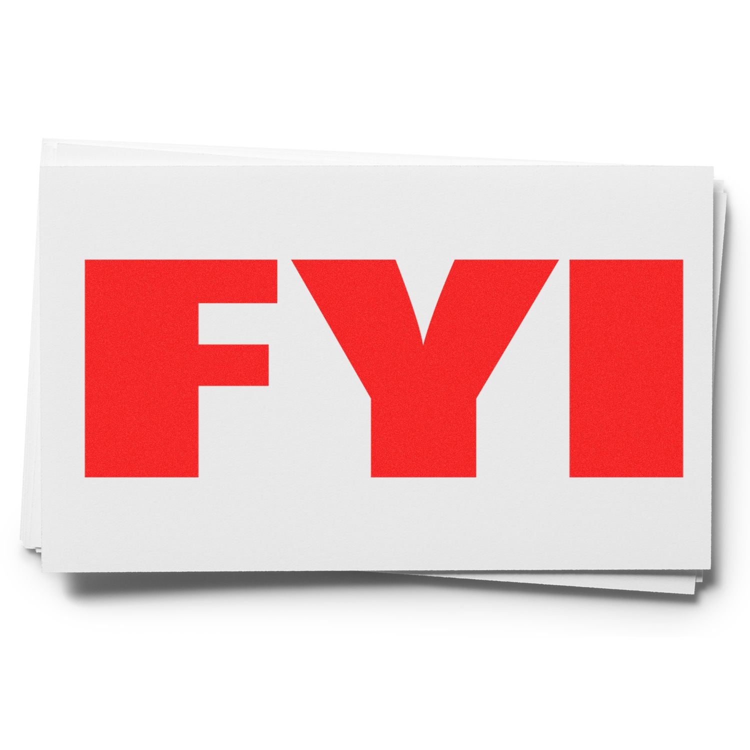 Stack of white greeting cards with large red FY lettering, typographic announcement for quick communication.