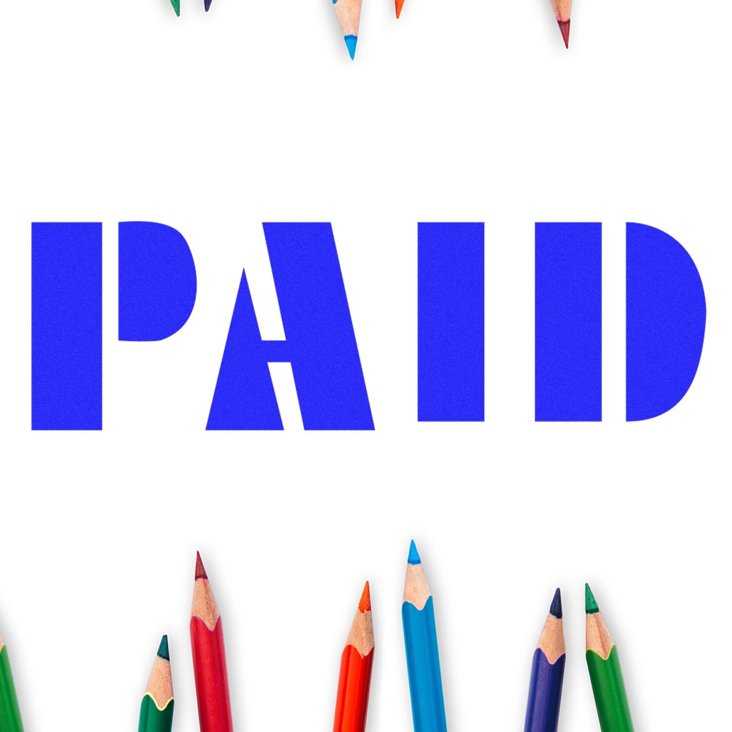 Blue PAID text with colorful pencils on white background, finance and payment concept.