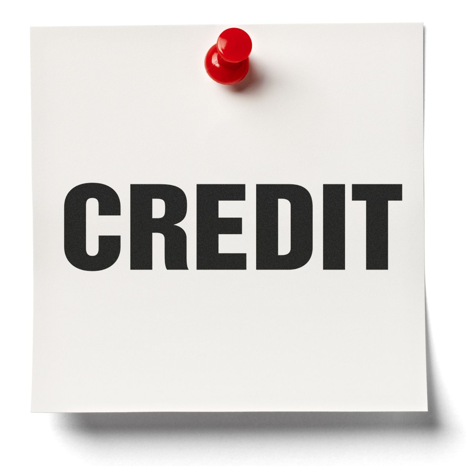 White poster showing the word CREDIT with a red pushpin, representing credit services, billing, and financial status.