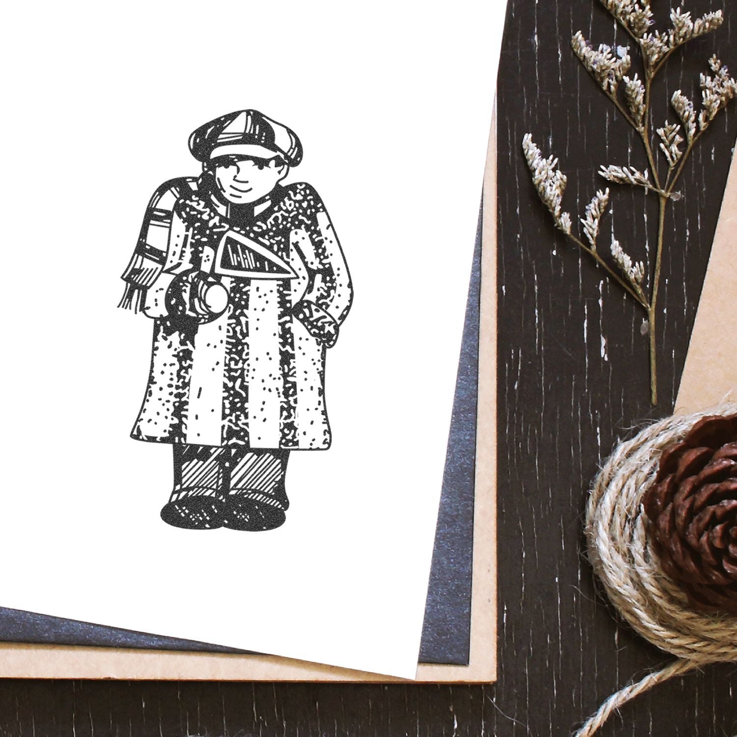 Vintage black-and-white child illustration on paper with pinecone, twine, and dried flower on a dark wooden craft table.