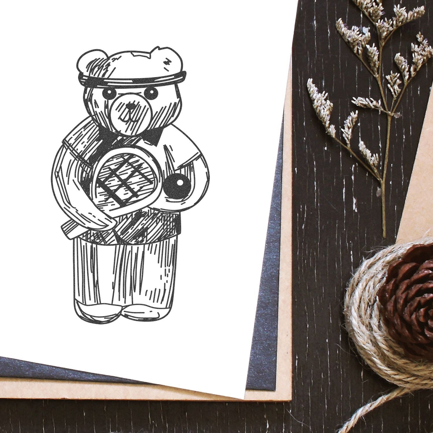 Hand-drawn teddy bear illustration on white paper with rustic craft decor, pinecone, twine, and dried flowers on a dark wooden background.