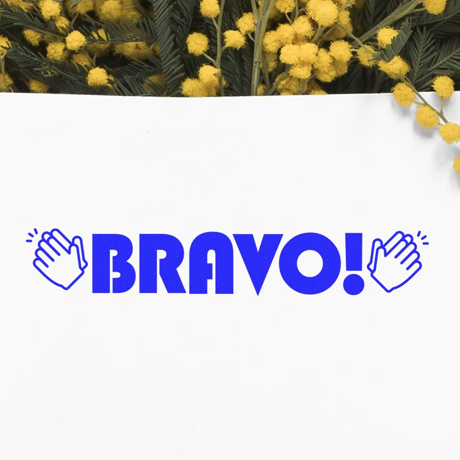 Mimosa flowers and a BRAVO! applause graphic with clapping hands for celebration, congratulations, or greeting card design.