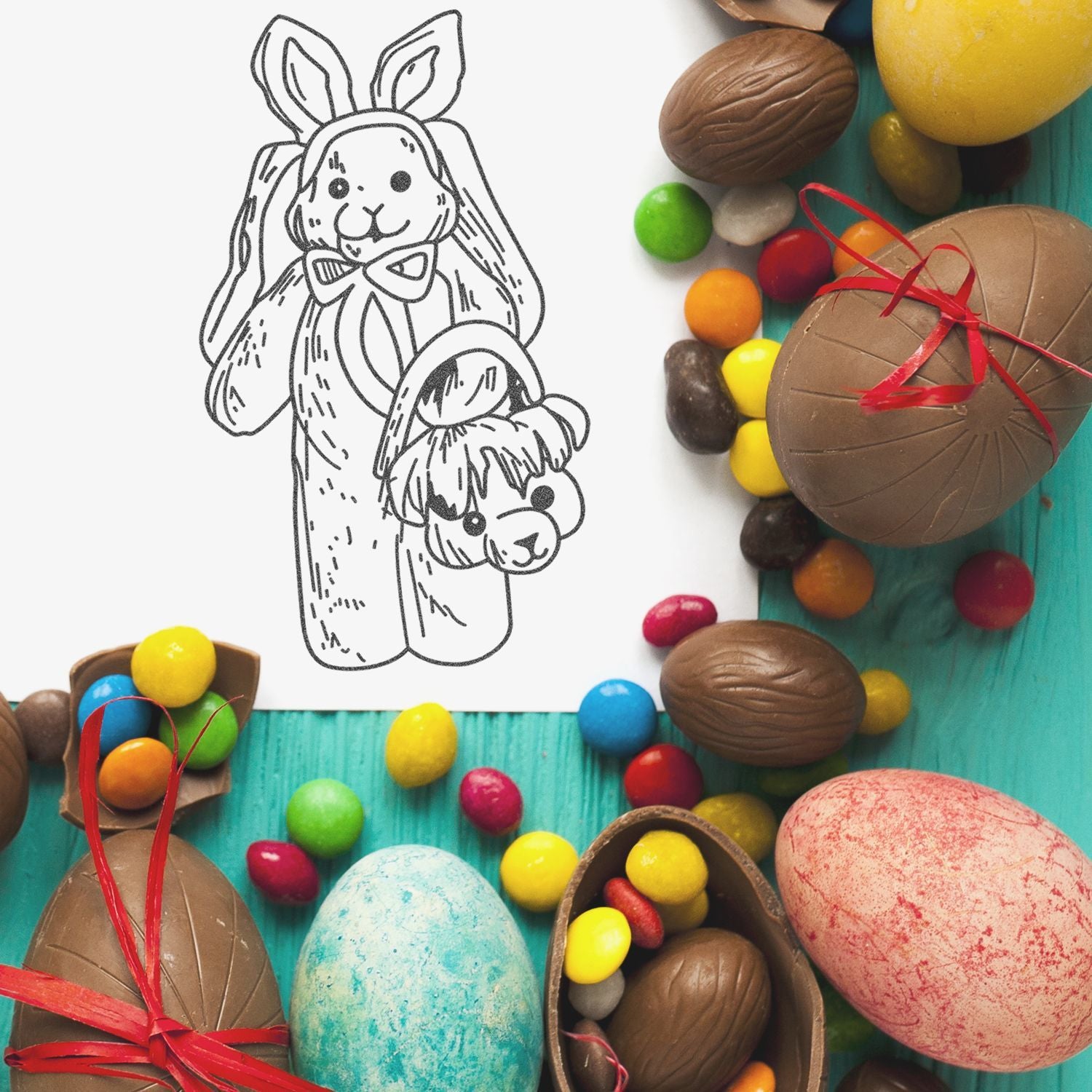 Easter bunny coloring page surrounded by chocolate eggs and colorful candy on a turquoise background.