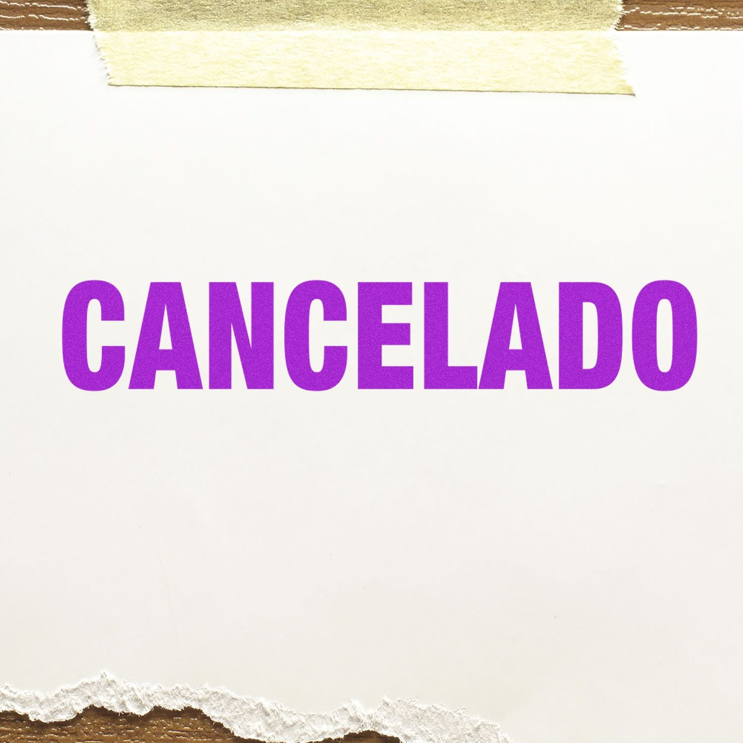 Purple text CANCELADO on cream background, indicating a canceled document or event status for print design.