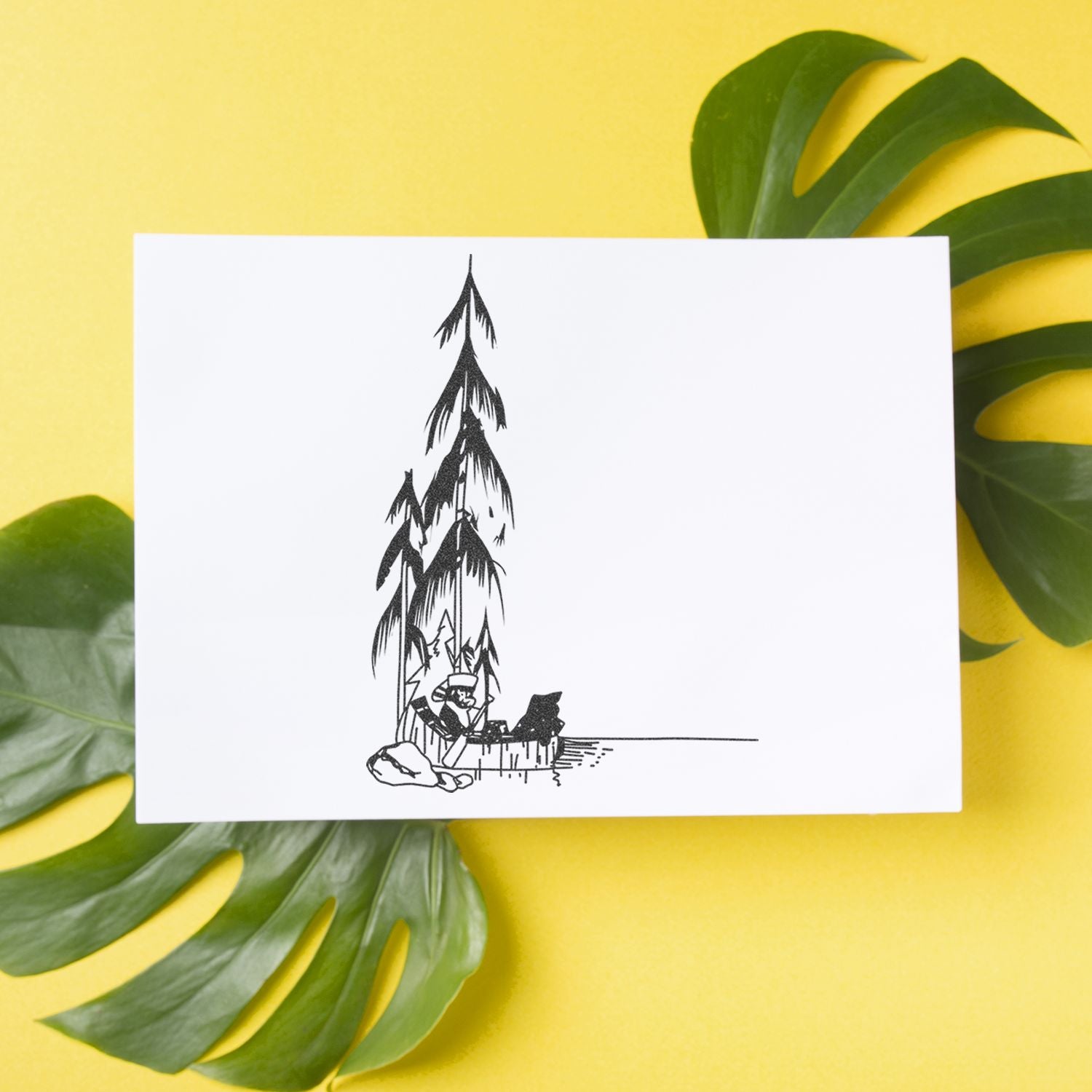 Minimalist black line art greeting card with a person in a canoe under a tall tree, styled on a yellow background with tropical monstera leaves.