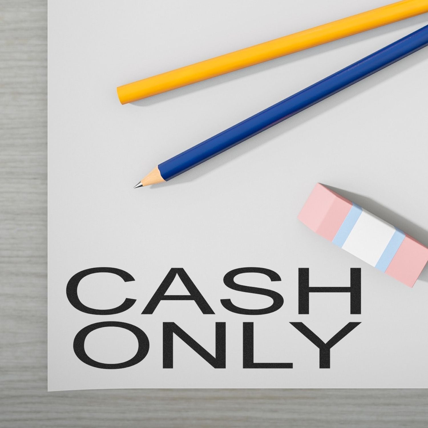 CASH ONLY sign with yellow and blue pencils, highlighting cash-only payment policy for compliance at checkout notice.