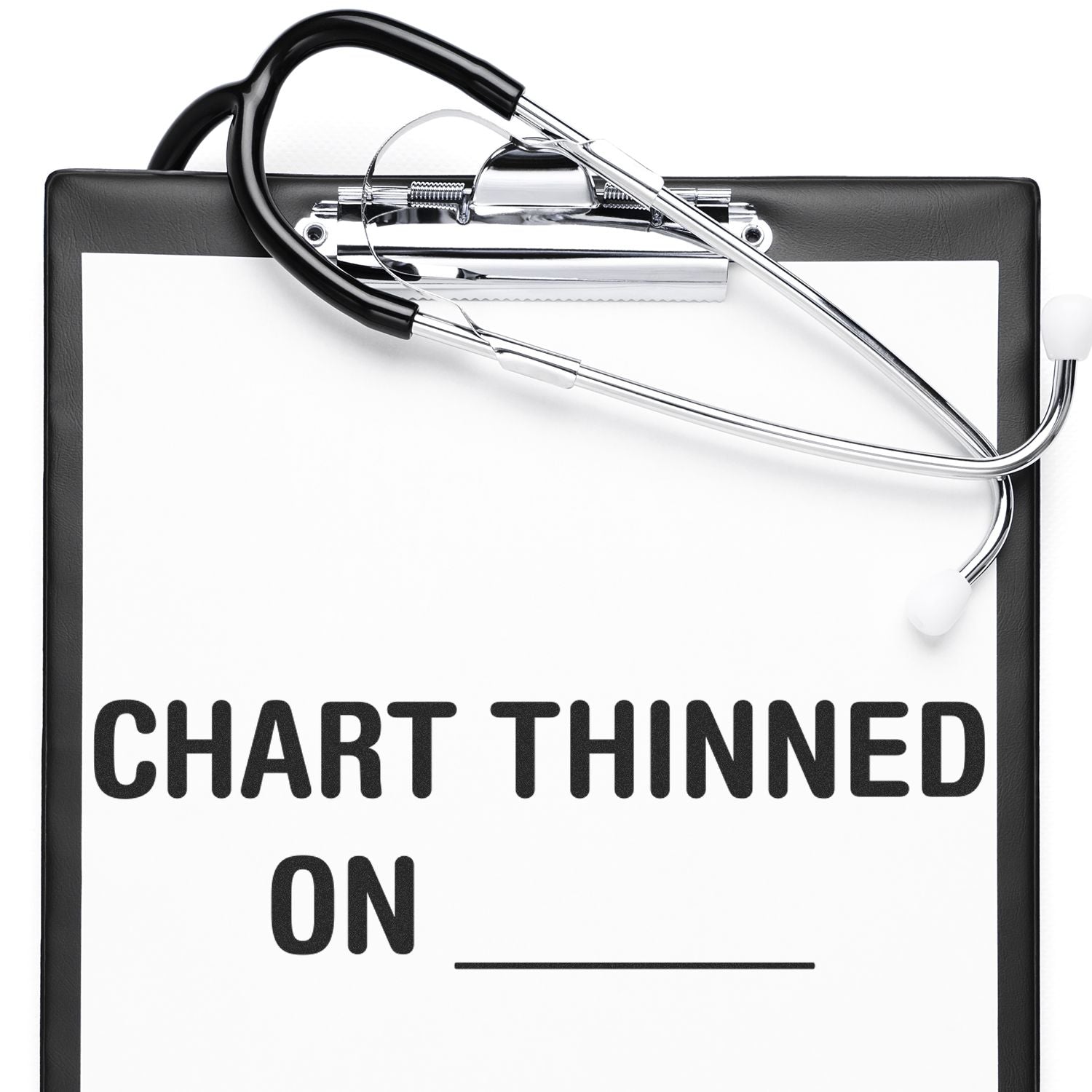 Stethoscope resting on medical clipboard with charting slogan, promoting healthcare charting and clinic documentation services today.