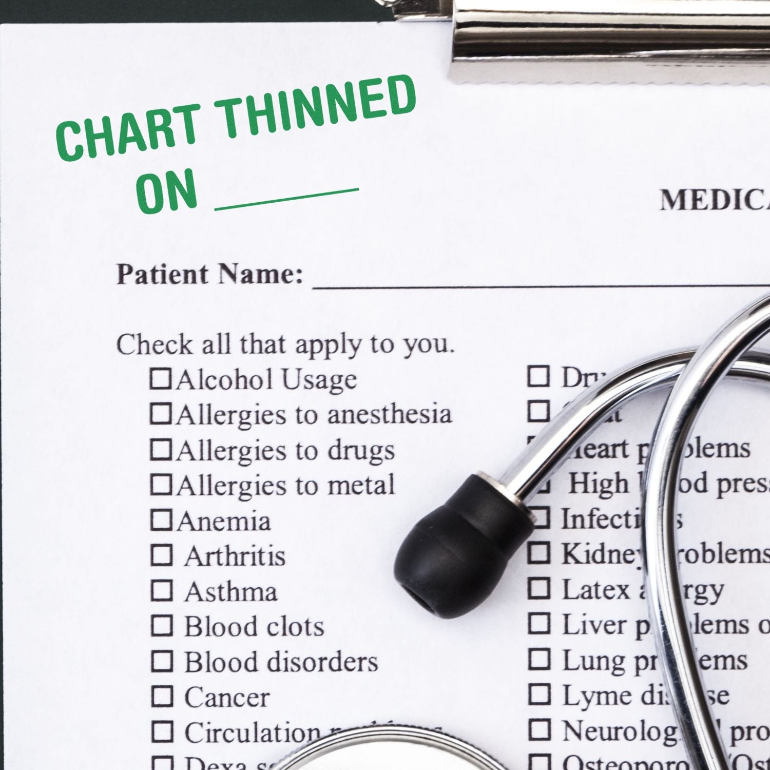 Medical intake form for heart-thinning medication, with checklist and stethoscopeused to document patient health history.