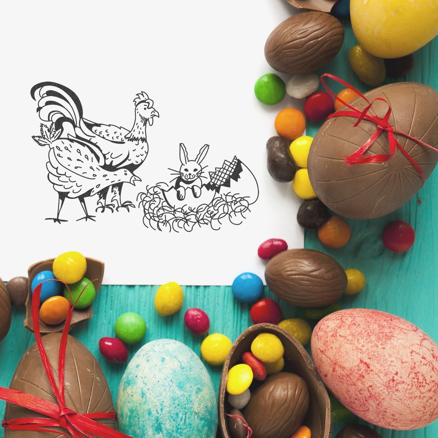 Easter chocolate eggs and colorful candy surrounding a chicken and bunny illustration on a turquoise background.