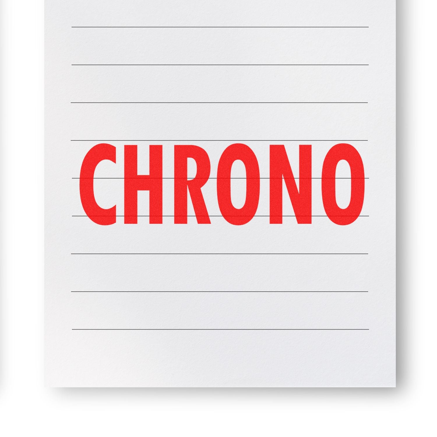 Red CHRONO title on white textured background with horizontal guide lines, creating a typography header for branding.