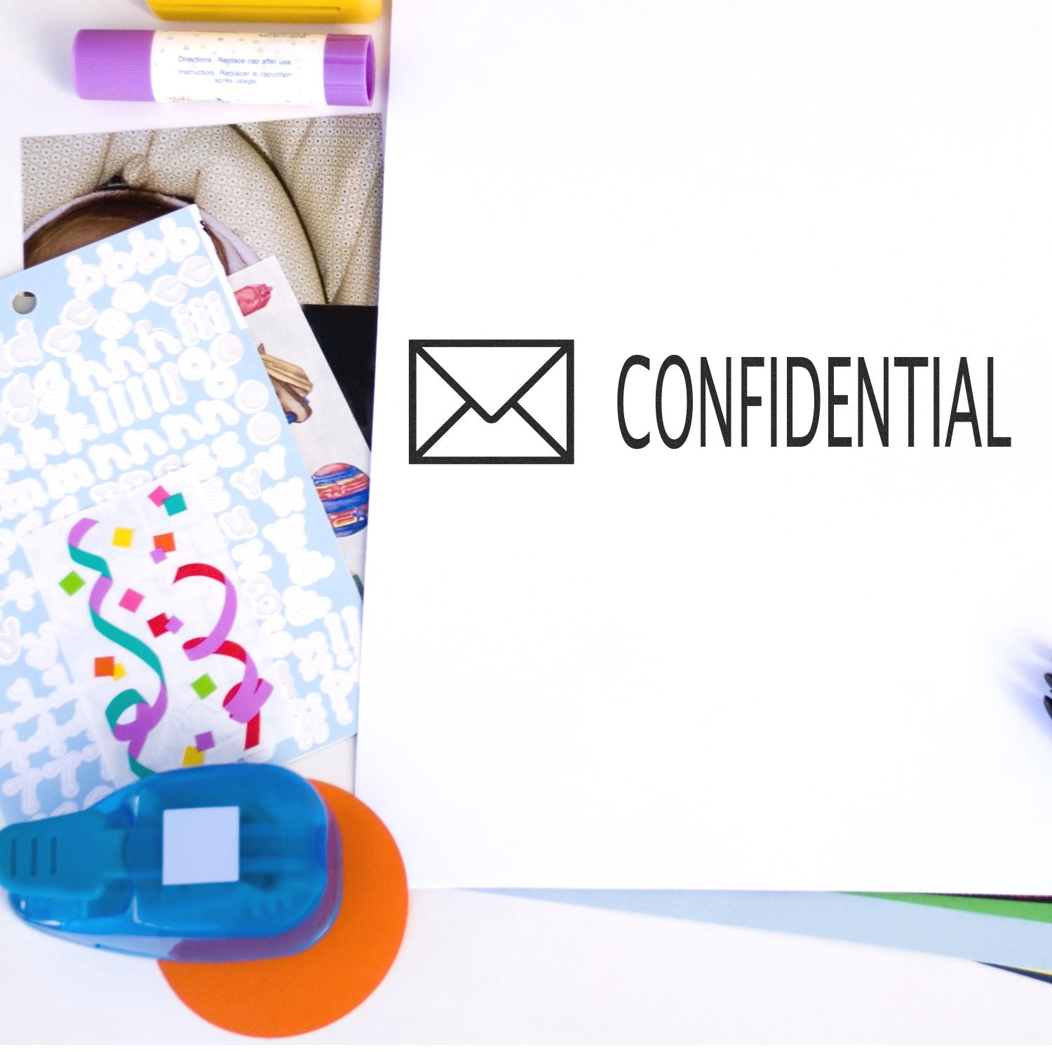 Office stationery supplies with a confidential envelope icon, conveying secure document handling and privacy.