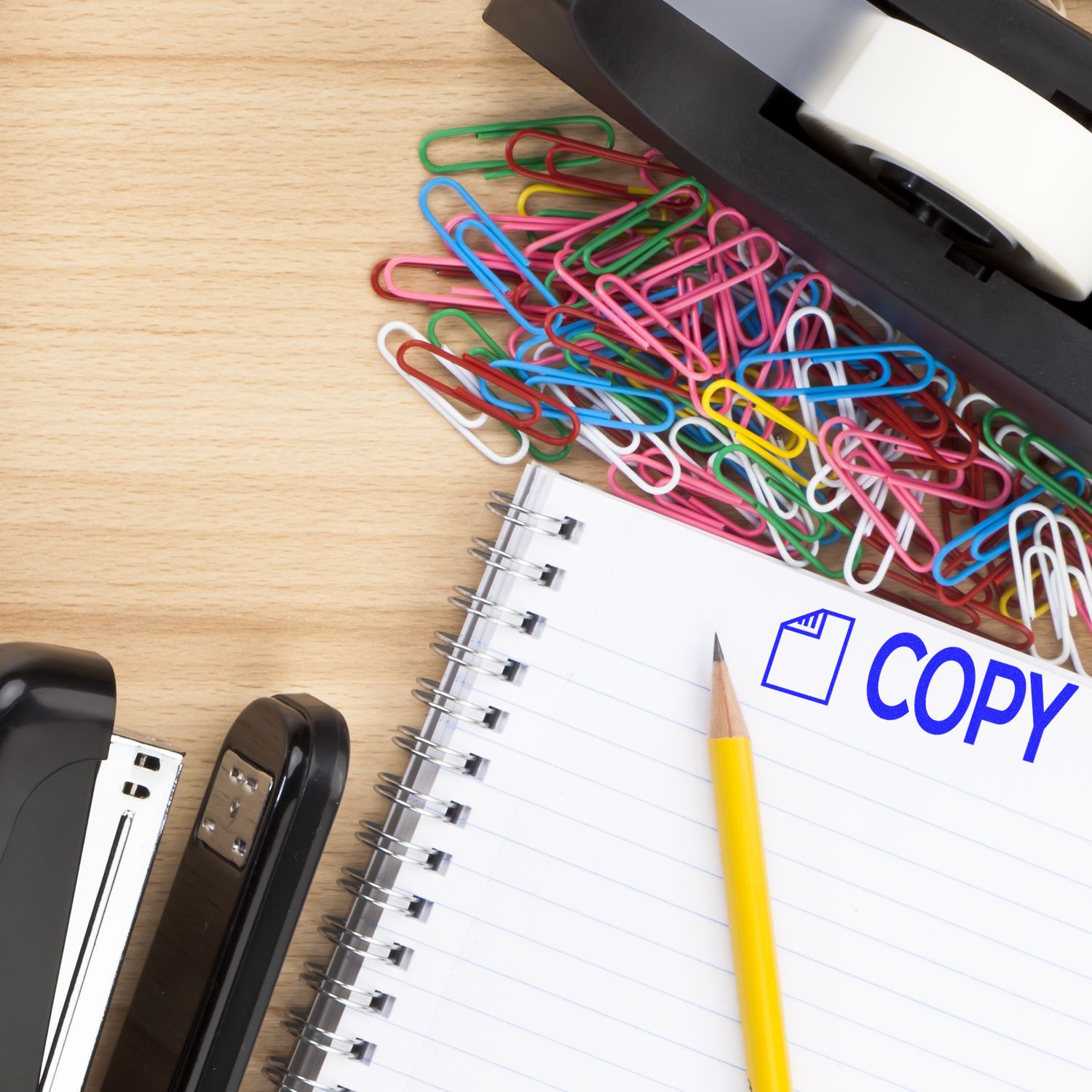 Office stationery with colorful paperclips and COPY notebook, showing document copying and organization tools.