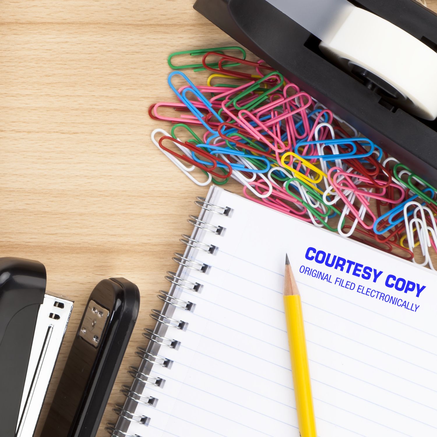 Multicolored office paper clips on notebook with pencil, symbolizing document organization and filing for office productivity.