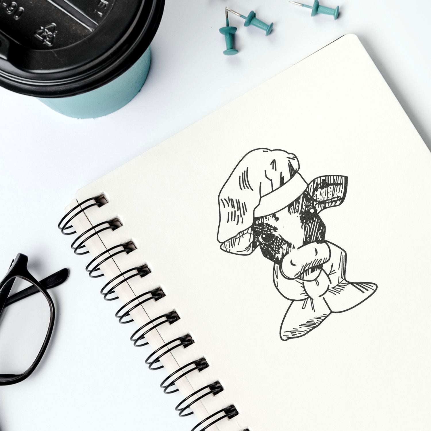 Spiral sketchbook with black ink dog illustration, coffee cup, eyeglasses, and push pins on a white desk.