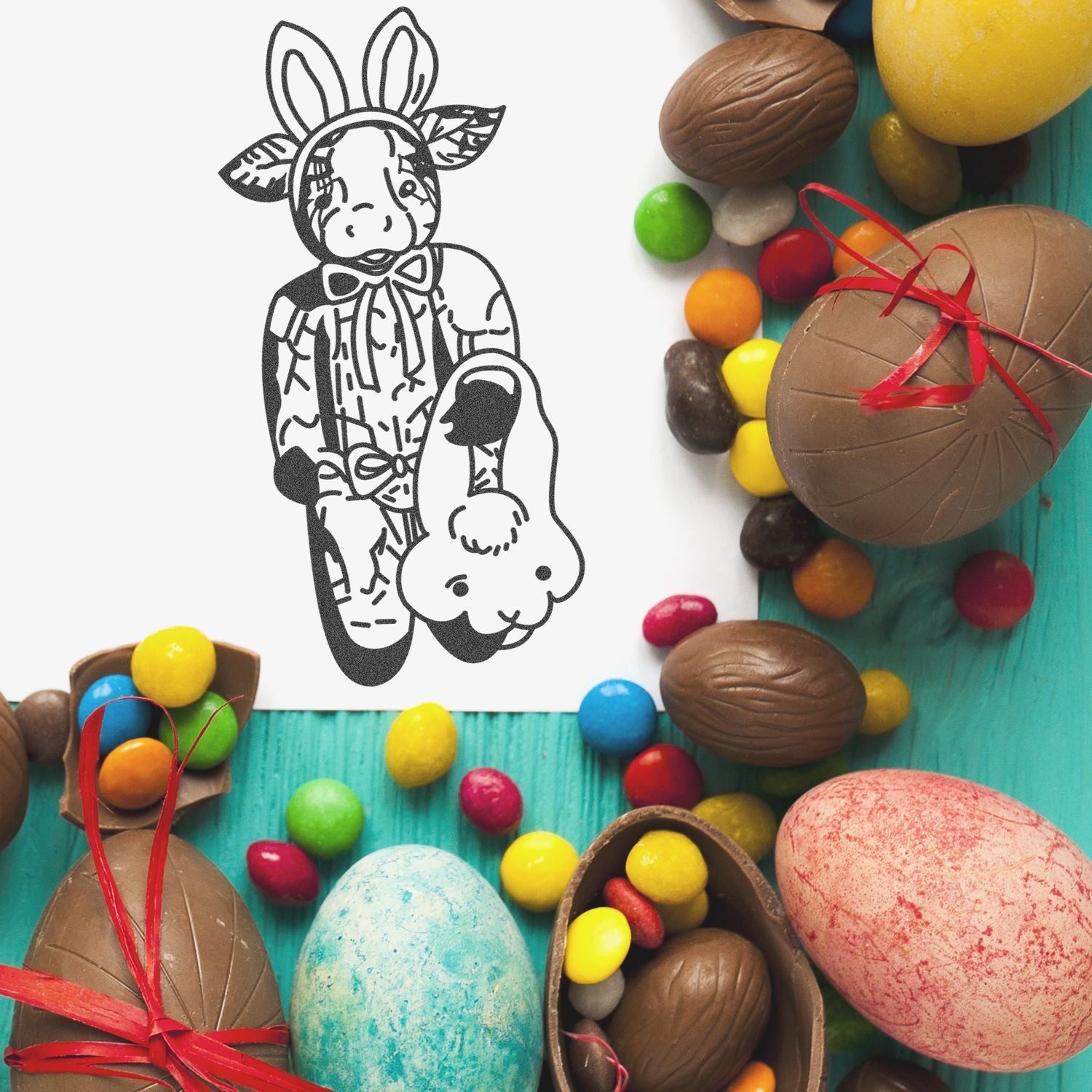 Easter flat lay with chocolate eggs, colorful candy, and a black-and-white bunny costume coloring page on a turquoise background.