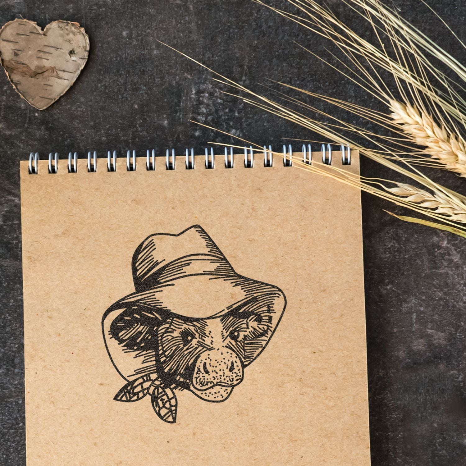 Rustic spiral notebook with a bear sketch on kraft paper, surrounded by dried wheat and natural decor on a dark background.