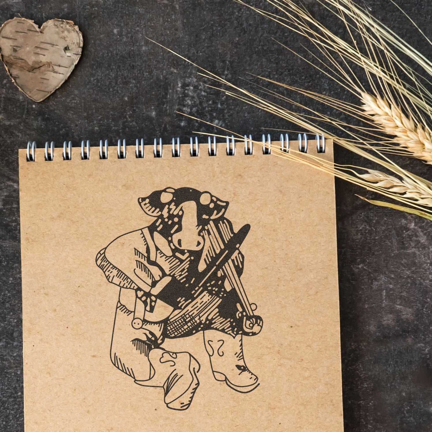 Rustic flat lay of a spiral notebook with a cow illustration, dried wheat stalks, and a wooden heart on a dark textured background.