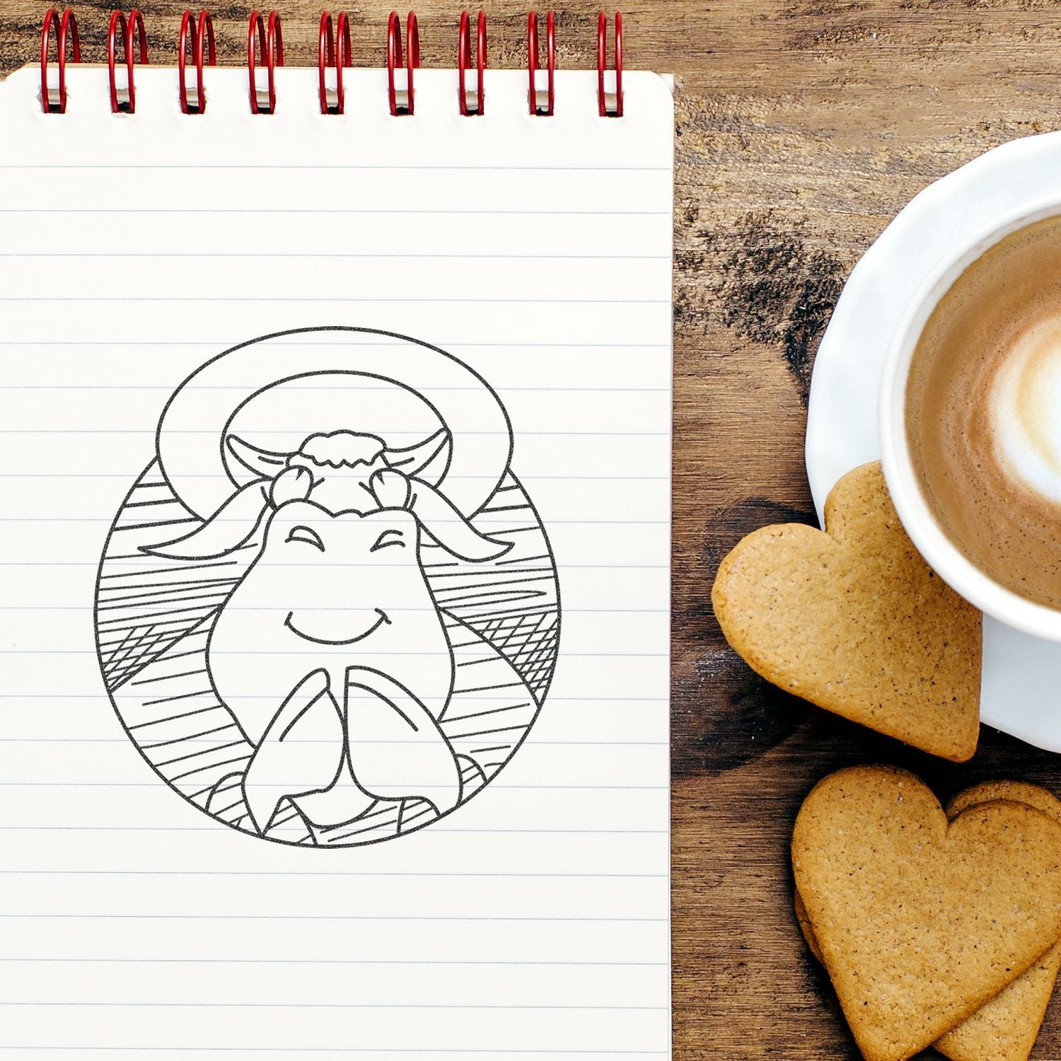 Notebook with cute cow line art beside coffee and heart-shaped cookies on a rustic wooden table