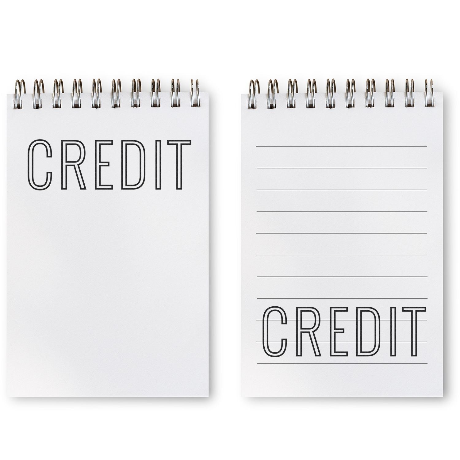 Set of spiral notebooks labeled CREDIT with blank ruled pages for budgeting and note-taking.