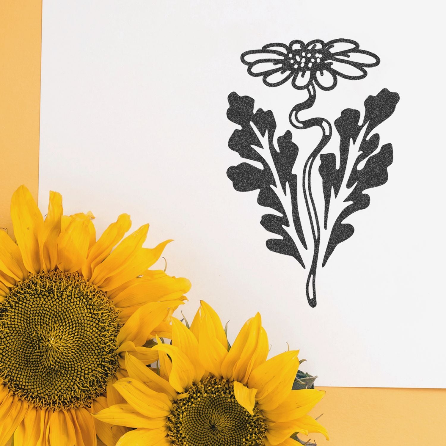 Bright sunflowers with a black floral wall decal on a white and yellow background, modern botanical decor.