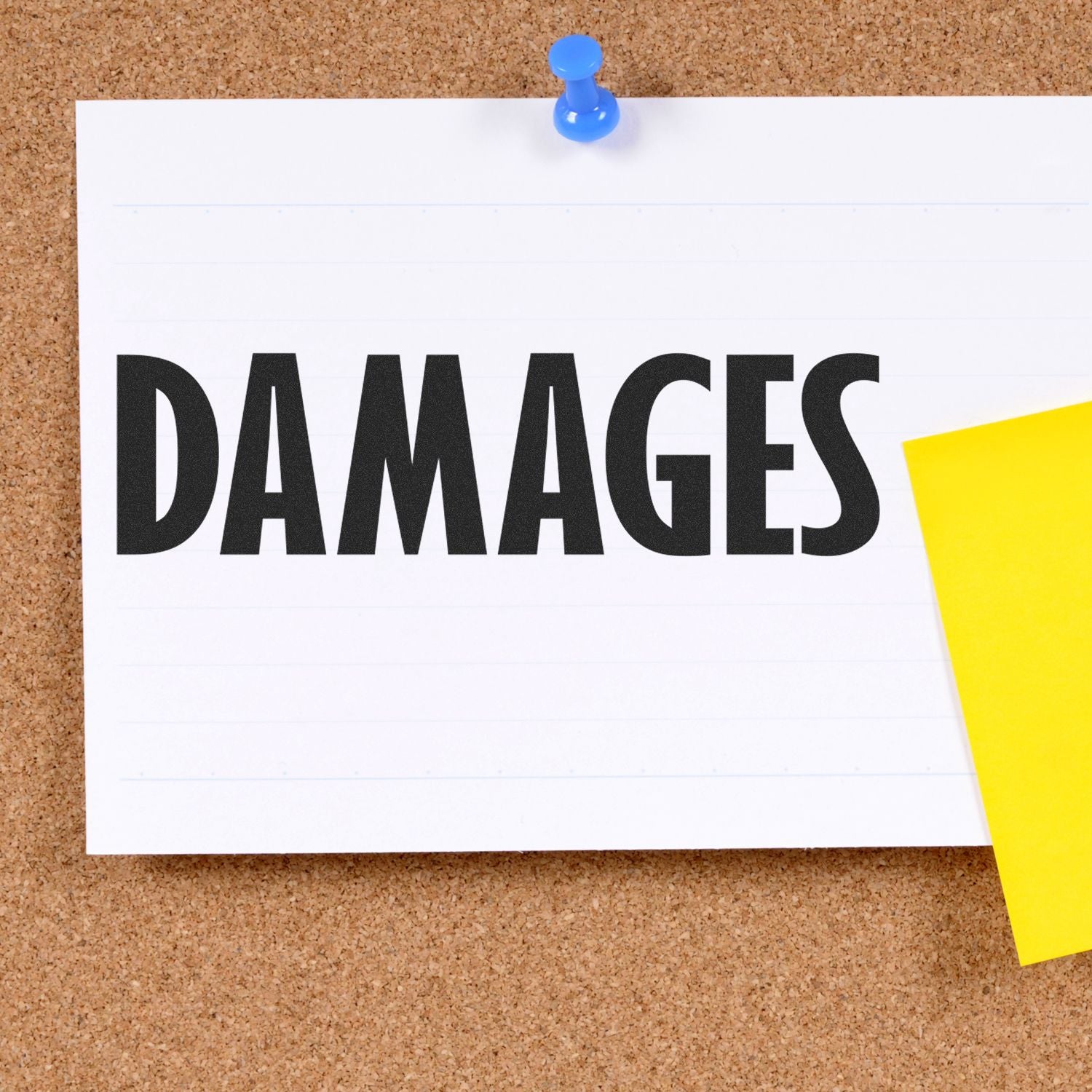 Bold DAMAGES text on a pinned note on a corkboard, representing property damage or insurance claims.