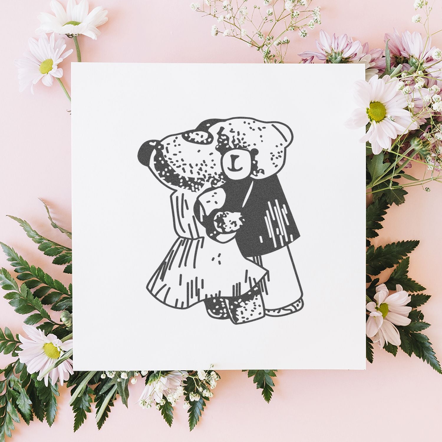 Minimalist black teddy bear illustration on white card surrounded by pink daisies and pastel floral decor on a pink background.