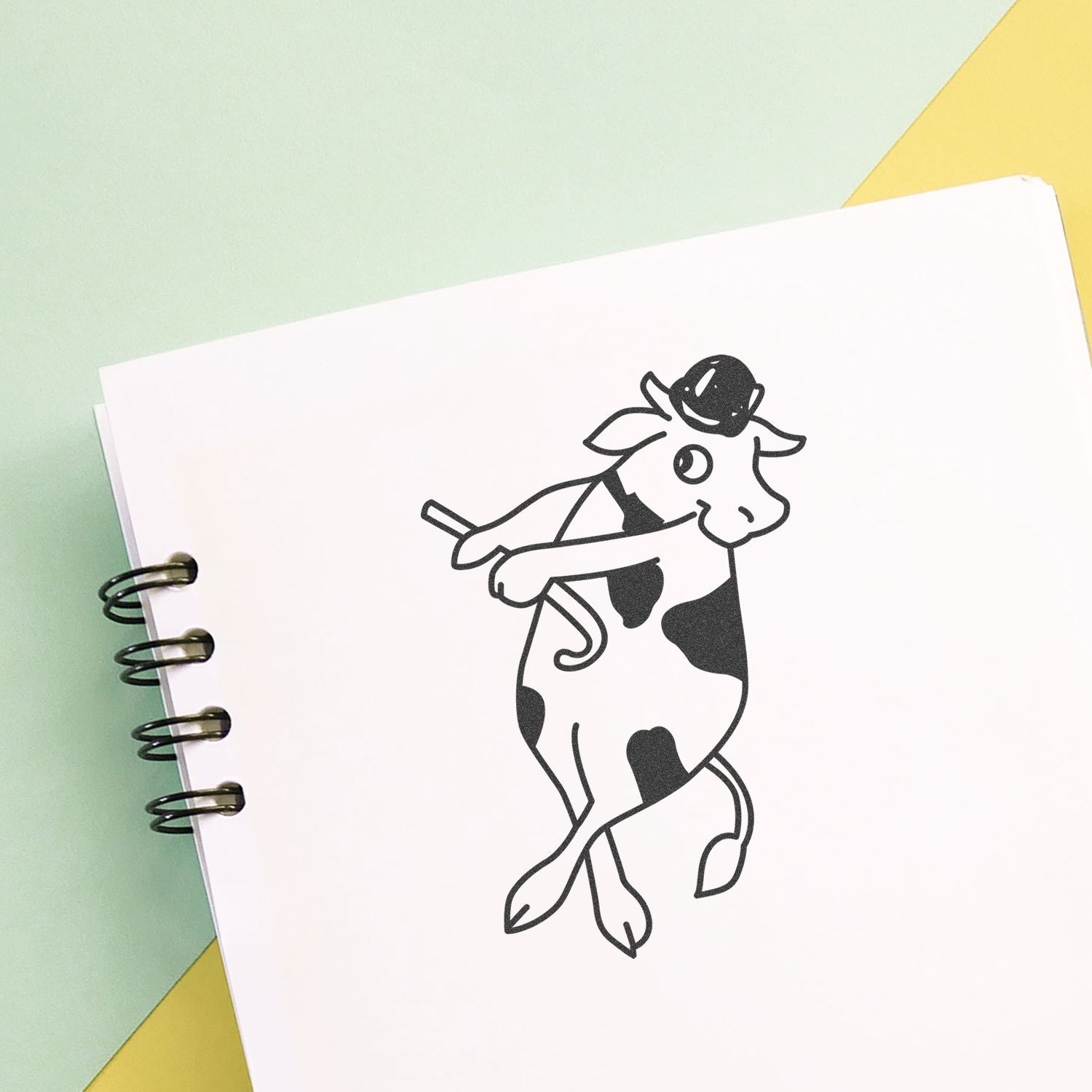Minimalist cow line art in a spiral notebook on a pastel background, featuring a cute dancing cow wearing a hat.