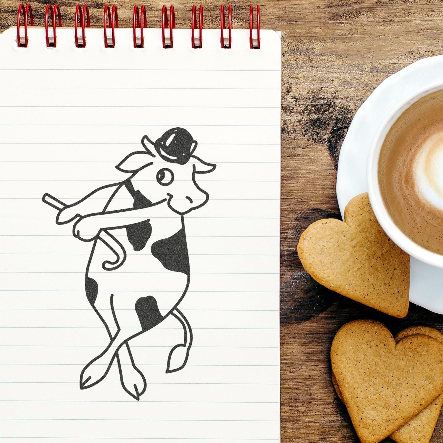 Notebook with cow illustration, coffee cup, and heart-shaped cookies on a rustic wooden table.