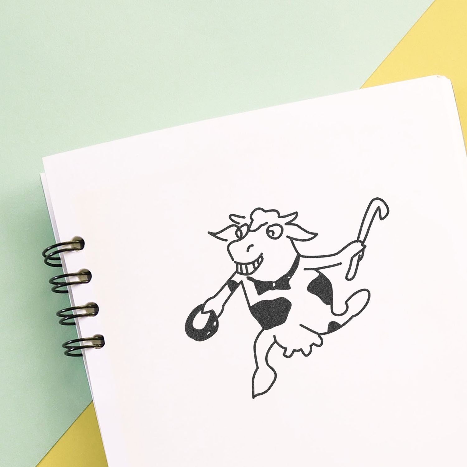 Spiral notebook with cute cartoon cow illustration on pastel green and yellow background.