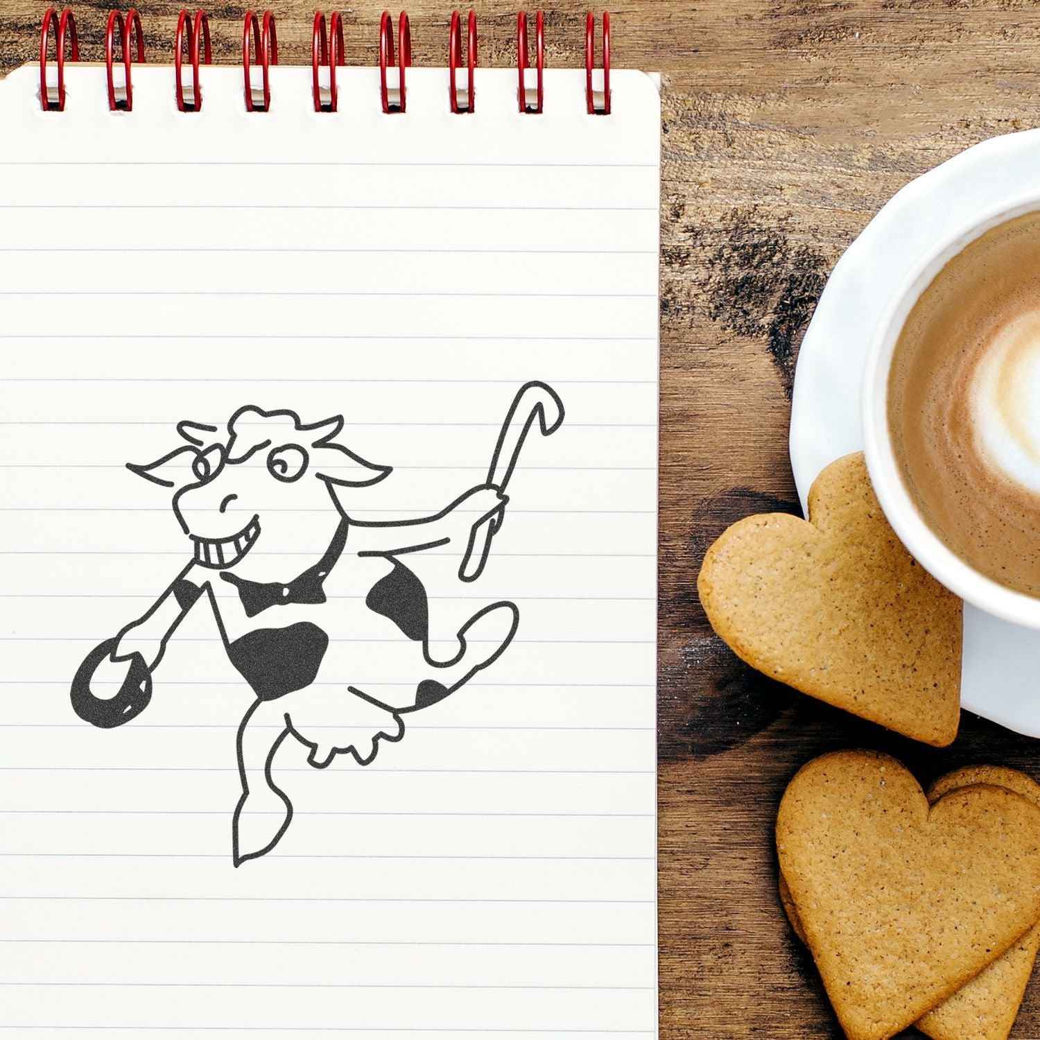 Notebook with cow doodle, coffee cup, and heart-shaped cookies on rustic wooden table