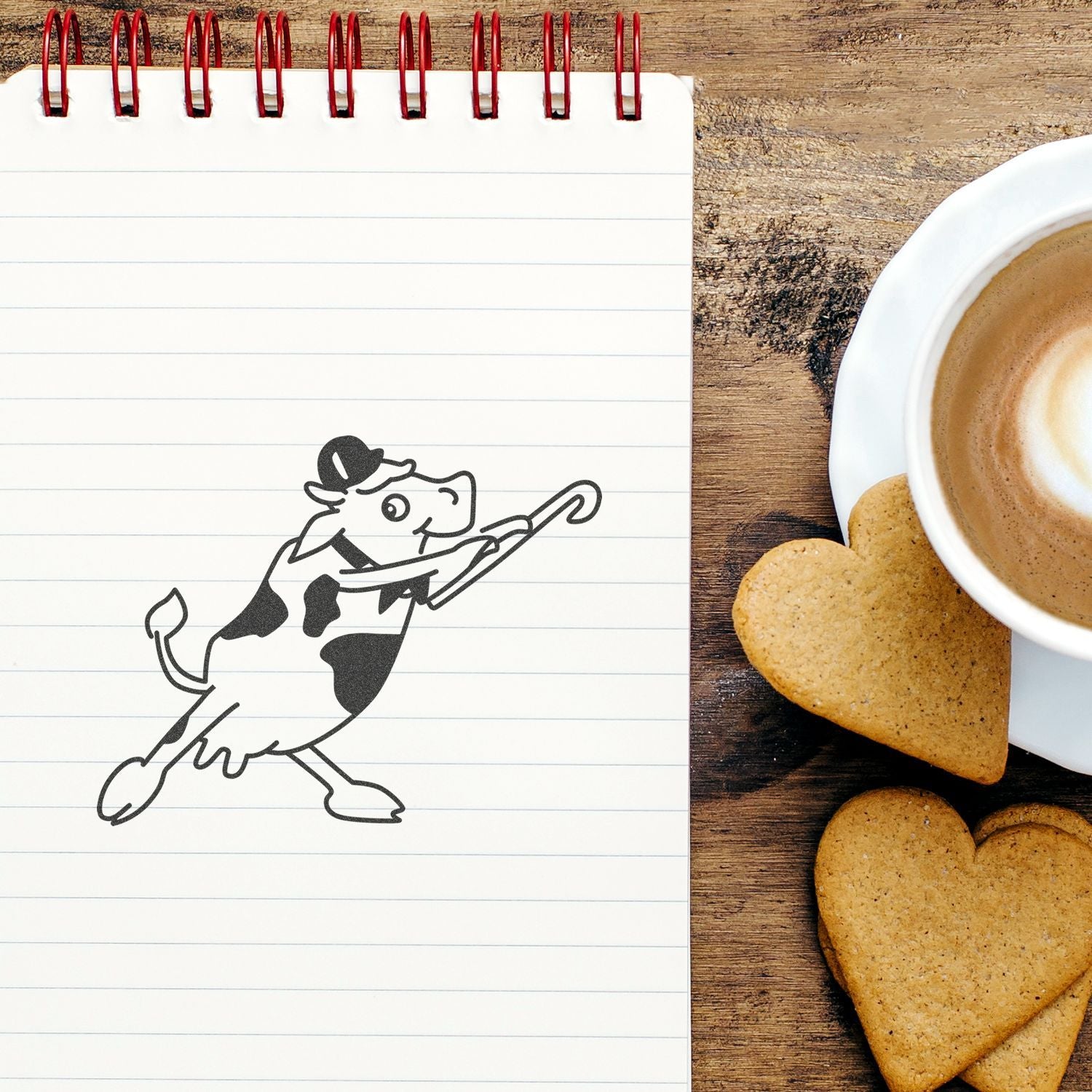 Notebook with cow illustration next to a cup of coffee and heart-shaped cookies on a rustic wooden table