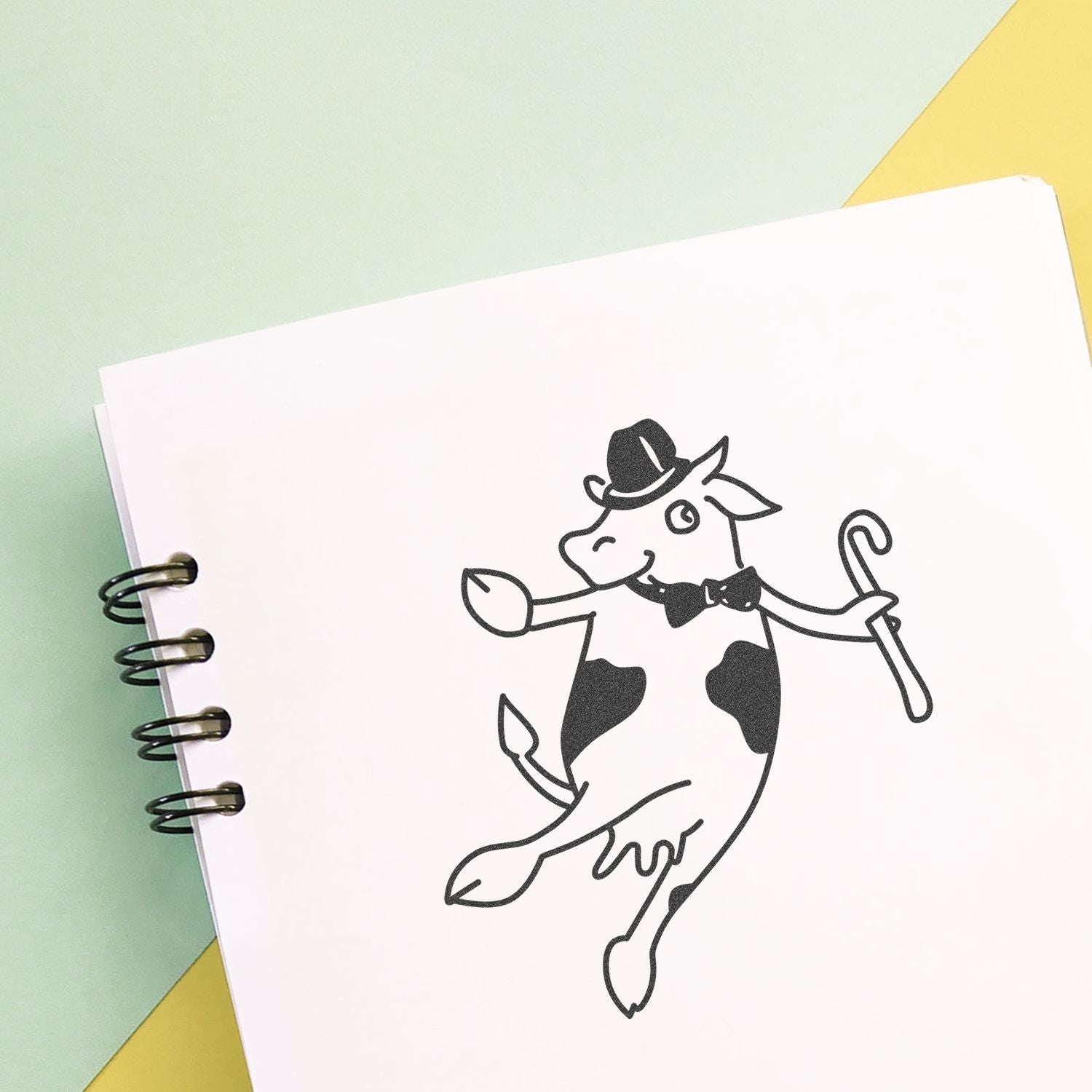 Cute cow illustration in a spiral notebook with a hat, bow tie, and cane on a pastel background.