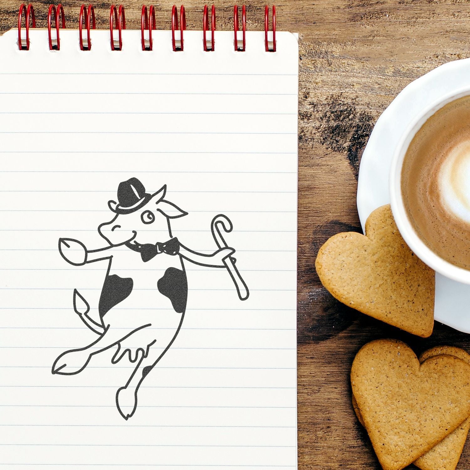 Spiral notebook with cute cow illustration beside a coffee cup and heart-shaped cookies on a rustic wooden table.