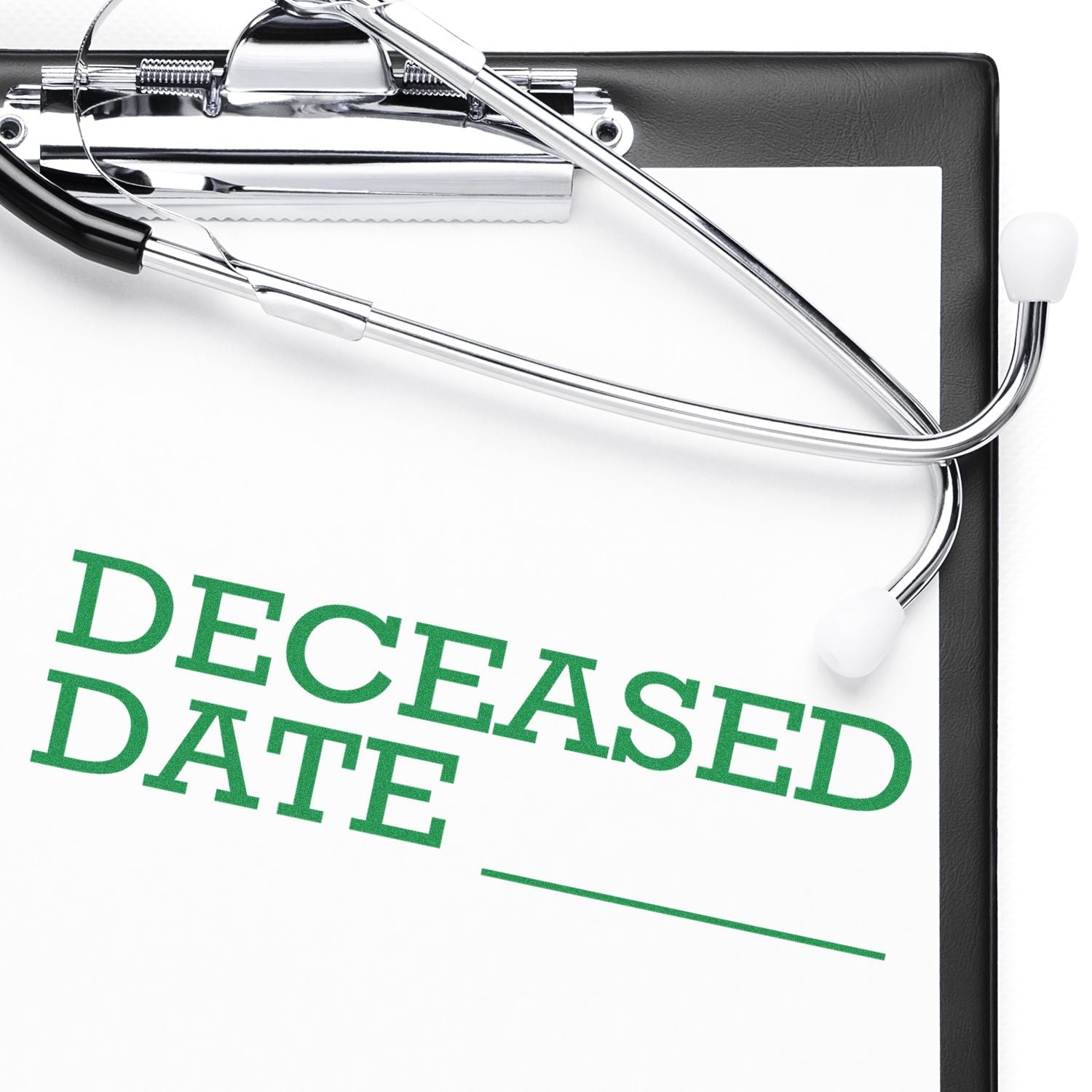 Stethoscope on clipboard marked Deceased, representing medical death certification and post-mortem documentation