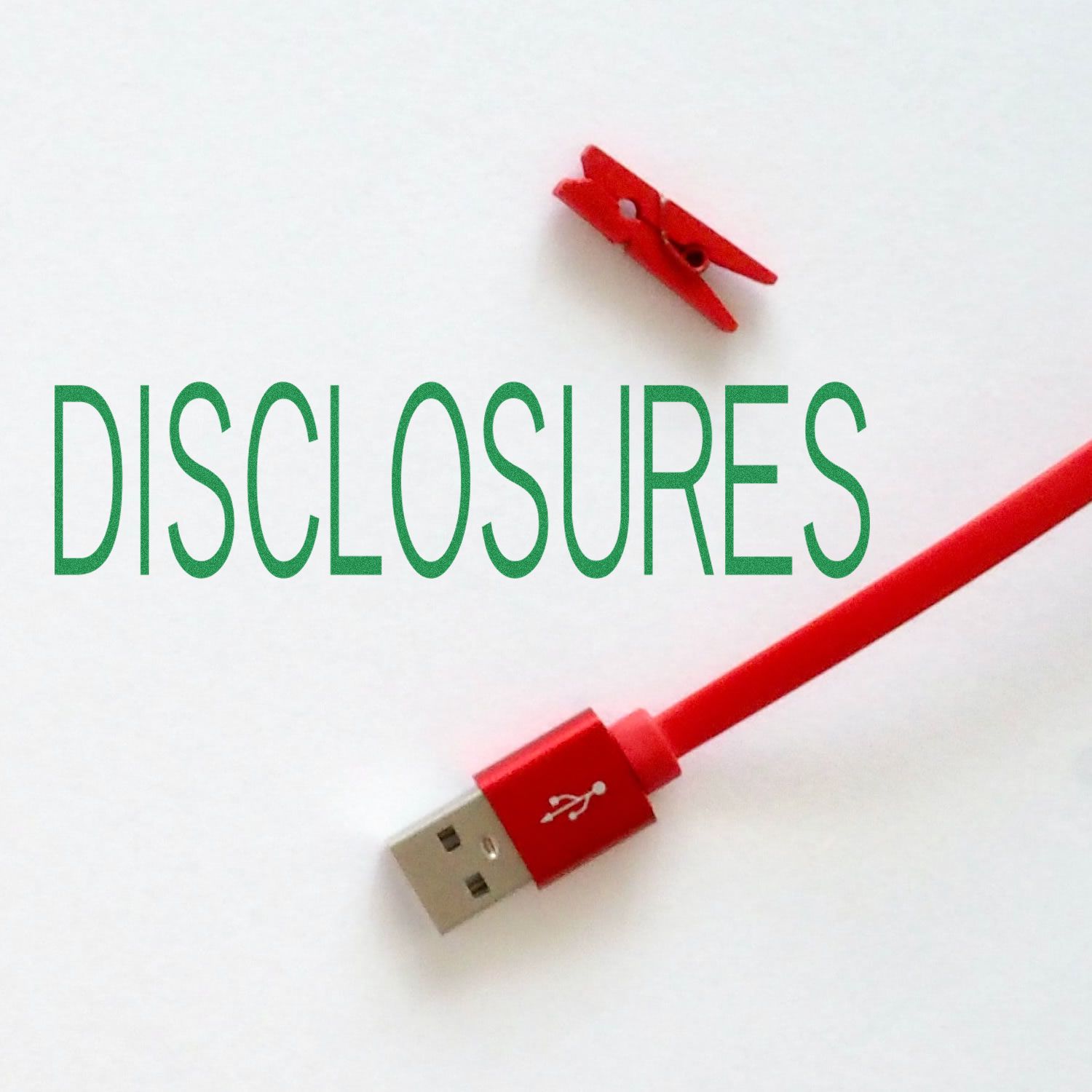 Red USB cable with clothespin and Disclosures text on a white background