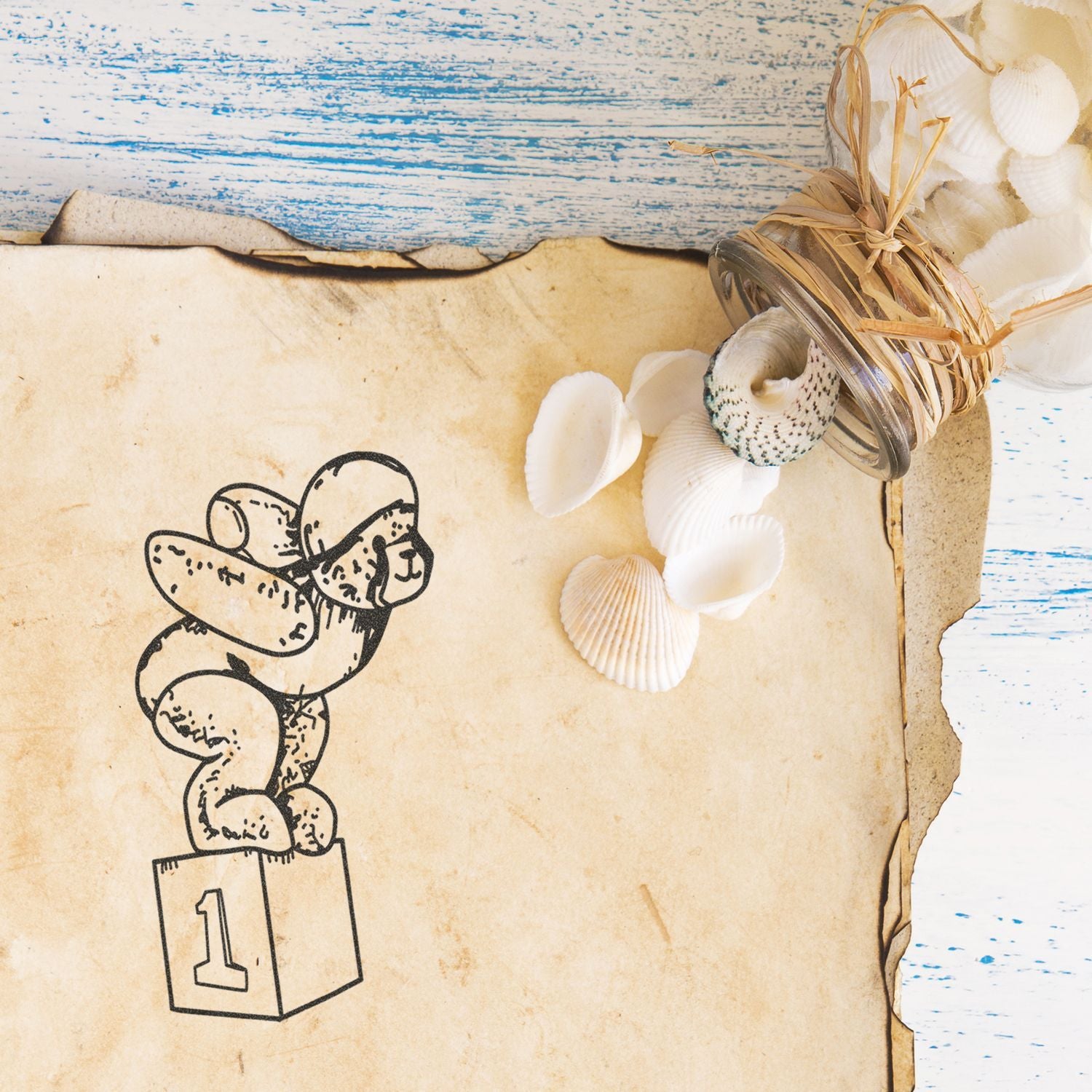 Rustic beach-themed vintage paper with seashell decoration and a cartoon dog on a number one podium.