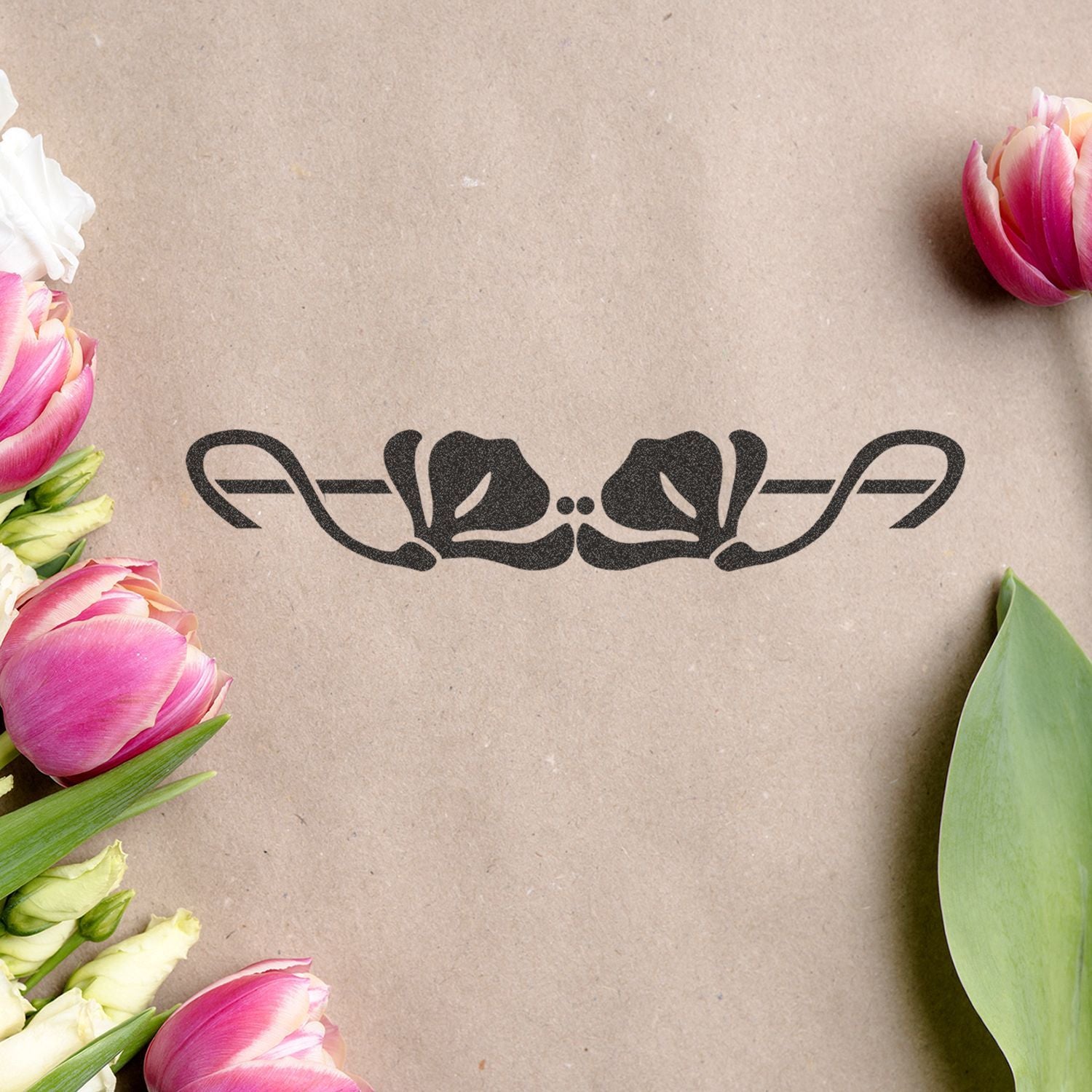 Pink and white tulips framing a kraft paper background with elegant black floral logo design