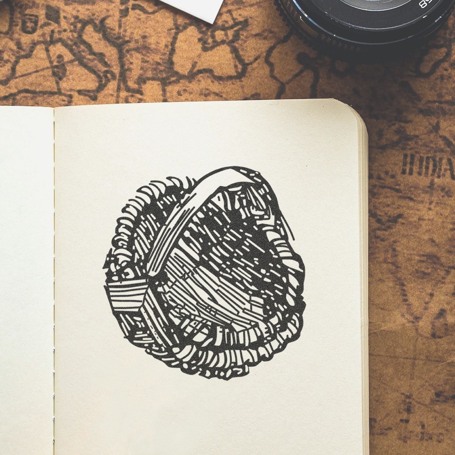 Open sketchbook with abstract black ink shell illustration on a vintage map background, with a camera lens in the corner.