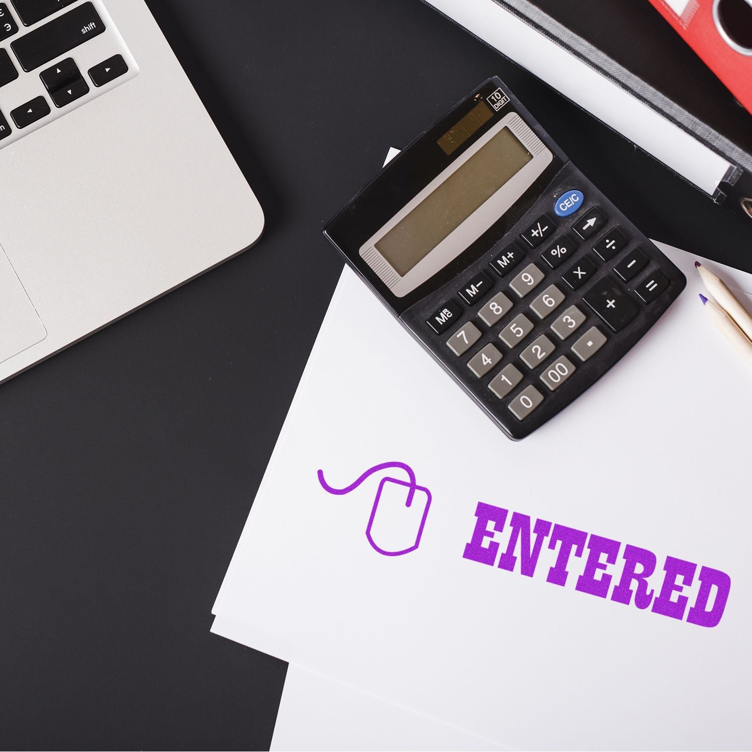 Calculator on invoice with laptop nearby and Enter Order icon, illustrating ecommerce checkout and billing accounting.