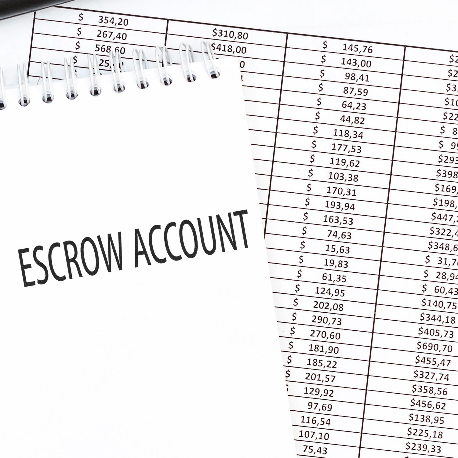Escrow account finance concept showing escrow wording over spreadsheet with dollar amounts and transaction values for payments.